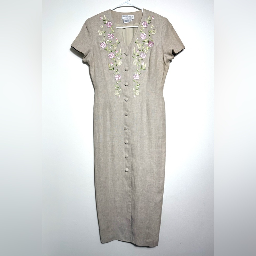 Vintage 90’s Maggy London Floral Embroidered Button-Up Linen Maxi Dress Size 8